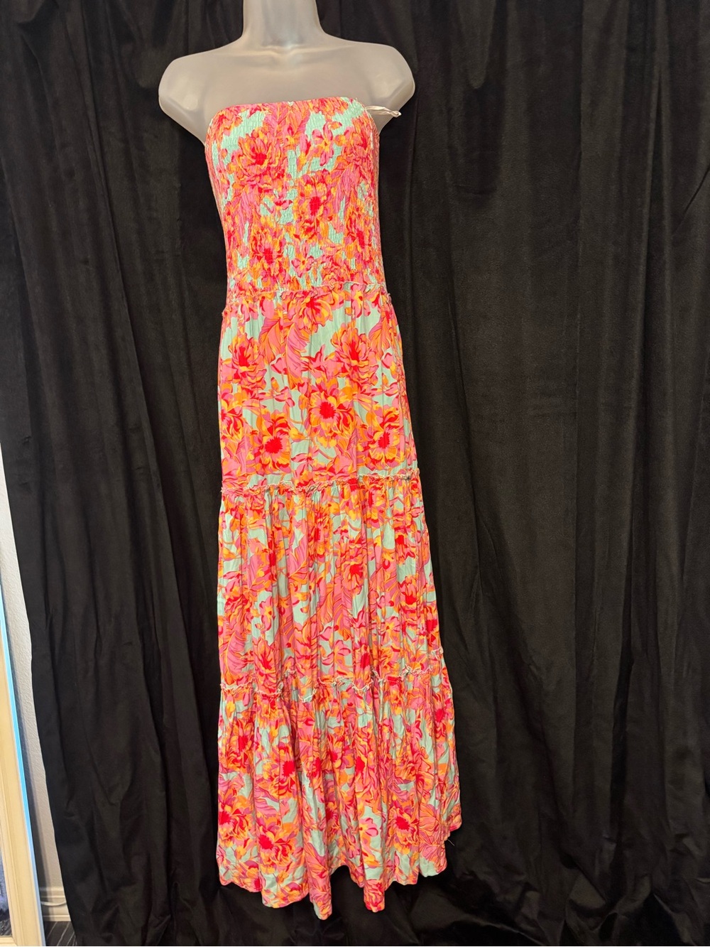 Floral Strapless Maxi Dress in Pink & Coral